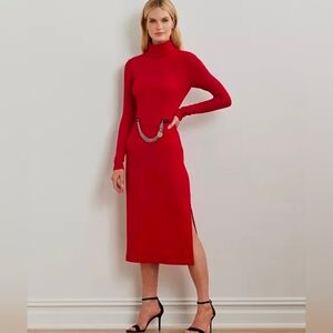 Lauren Ralph Lauren Red Chain Trim Rib Knit Turtleneck Dress Size 18 NWT $165